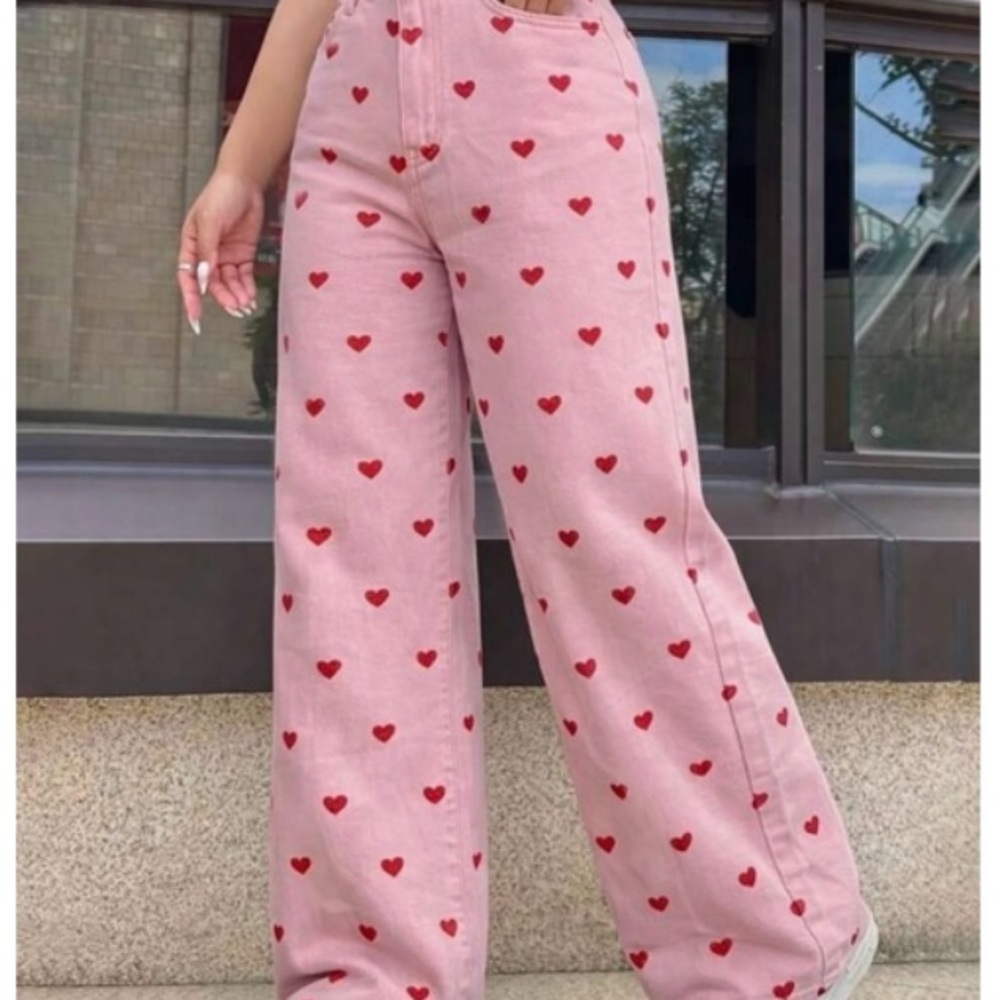 SHEIN Pink Heart Print Wide Leg Pants
